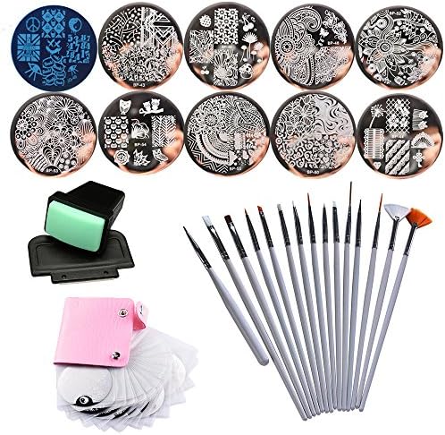 Nail Art Manicure Template Bag with 10 Nail Plates, 1 Stamper and 1 Scraper15--Piece Brush Set