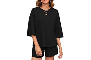 Cnlinkco Womens 2 Piece Outfits Casual 3/4 Sleeve Tops Elastic Waist Shorts Cozy 2 Piece Lounge Sets