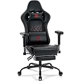 Morkprism Gaming Chair,Computer Office Chair with Footrest,Massage Lumbar Support and Gel Pad,Ergonomic Reclining Leather Gamer Chair with Headrest,Adjustable Armrests and Spring Cushion Black Red