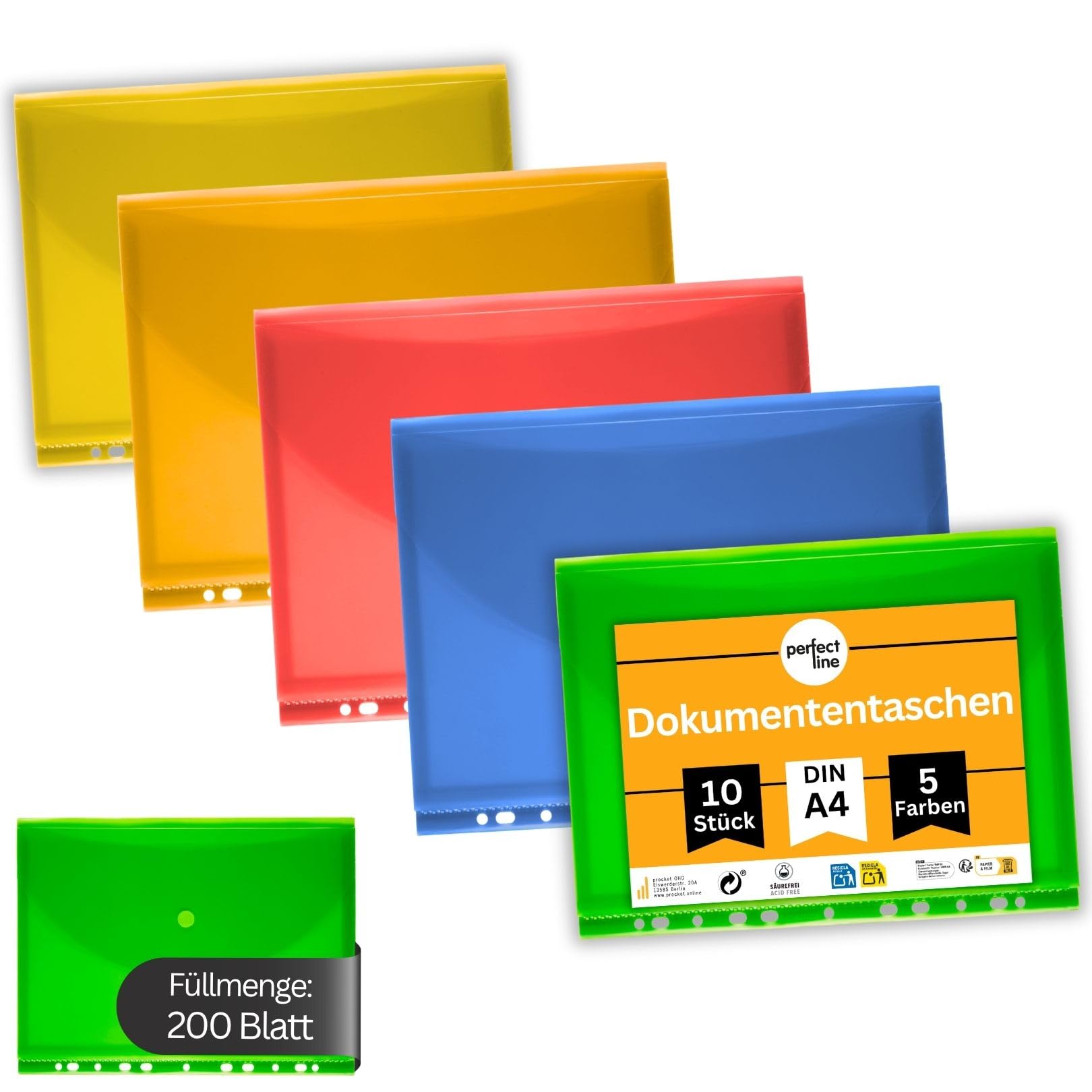 perfect line 10 pcs. DIN-A4 Document Wallets, 20 mm Capacity, Transparent & Coloured Covers, Leaflet Cover with Flap, Hook and Loop Fastener & Filing Strip, Collection Sheet