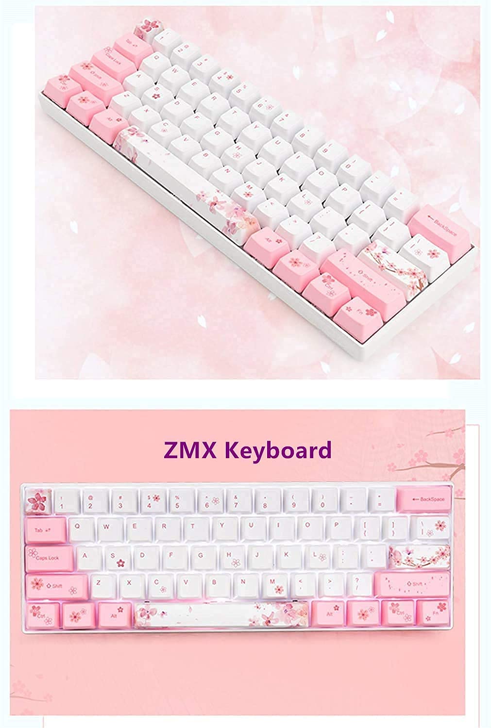 Manbala ZMX Cherry Blossom 61 Mechanical Keyboard,60%Compact Mechanical 61Keys 5.0Bluetooth/Type-C Wired Dual-Mode RGB Backlit Five-Sided Sublimation PBT Keycap Gaming Keyboard (Red Switch, Pink)