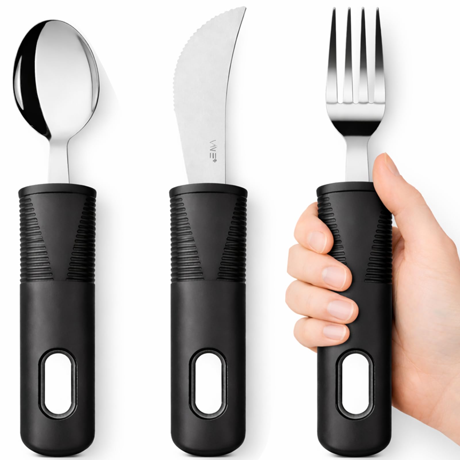 Vive Adaptive Utensil Set - Arthritis Aid Silverware for Parkinsons, Hand Tremors - Easy Grip for Shaking and Trembling Hands - Heavy Stainless Steel Spoon, Fork, Serrated Knife (Standard)