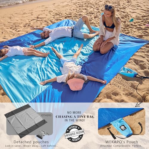 WEKAPO Beach Blanket Sandproof Waterproof, Extra Large Beach Mat, Oversized & Compact Sand Free, Quick Drying Beach Essentials for Vacation, Cruise, Picnic & Camping with Stakes