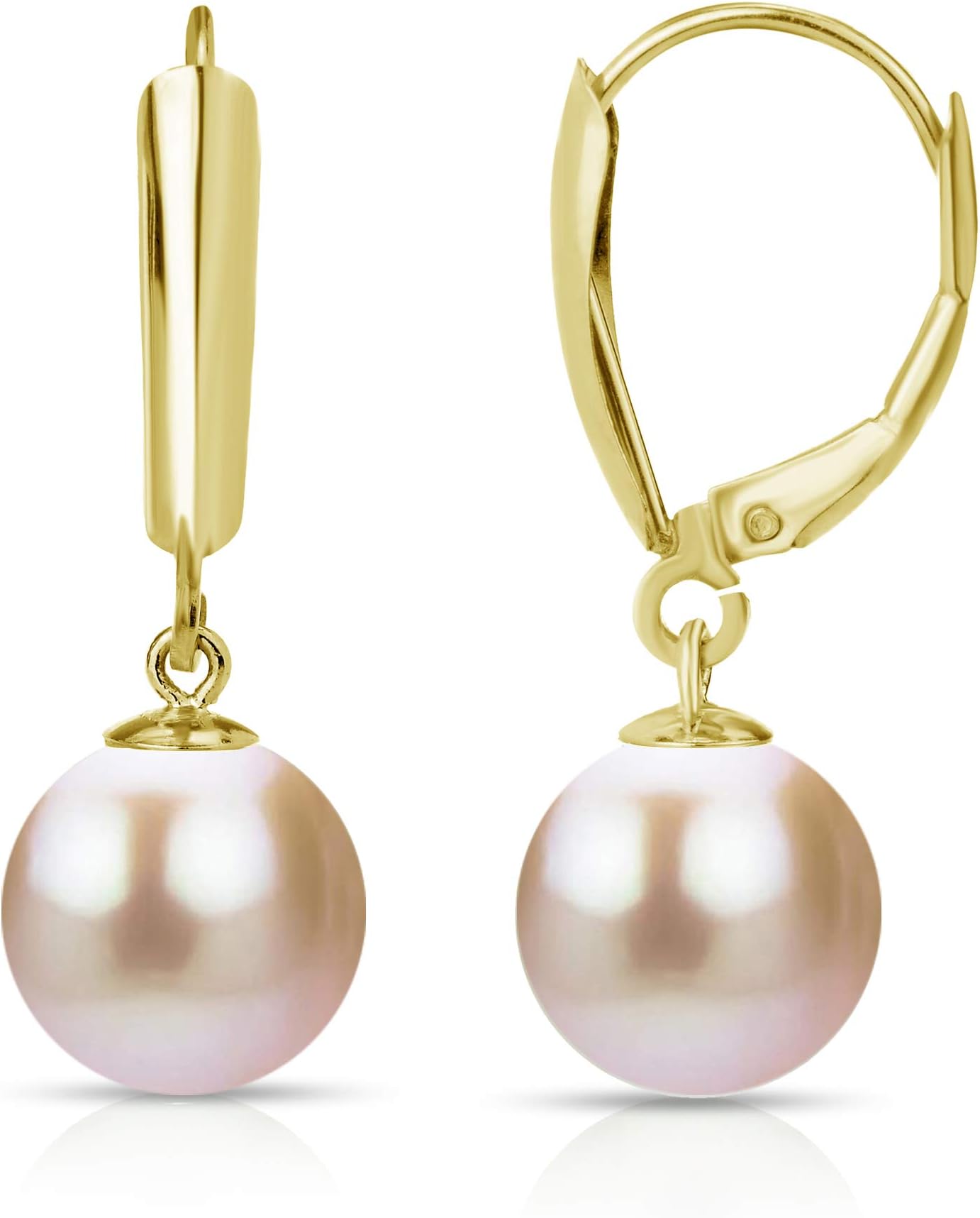 Pink Cultured Freshwater Pearl Earrings Lever-back Drop Dangle 14K Gold Jewelry for Women (Choice of Pearl Sizes and Metal Type)