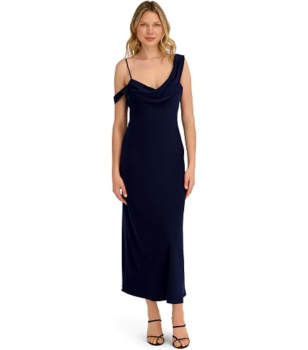 laundry formal dresses by Shelli Segal Women's Halter Ruffle Tiered Dress – Lurex Chiffon, Keyhole Back, Navy Heather Blue, 2 : Clothing, Shoes & Jewelry NECKLINE_One Shoulder