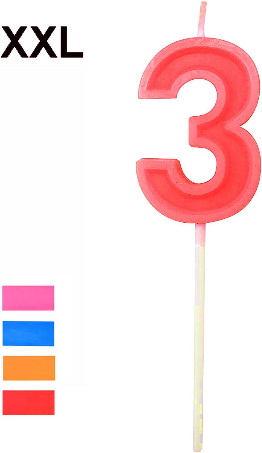 2.76'' Large Extended XXL Multi-Color Happy Birthday Long Numbers Candles Cake Topper Decoration for Adults/Kids Party Wedding (red 3)