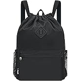 WANDF Drawstring Backpack Sports Gym Bag with Shoes Compartment, Water-Resistant String Backpack Cinch for Women Men (Large,Black)