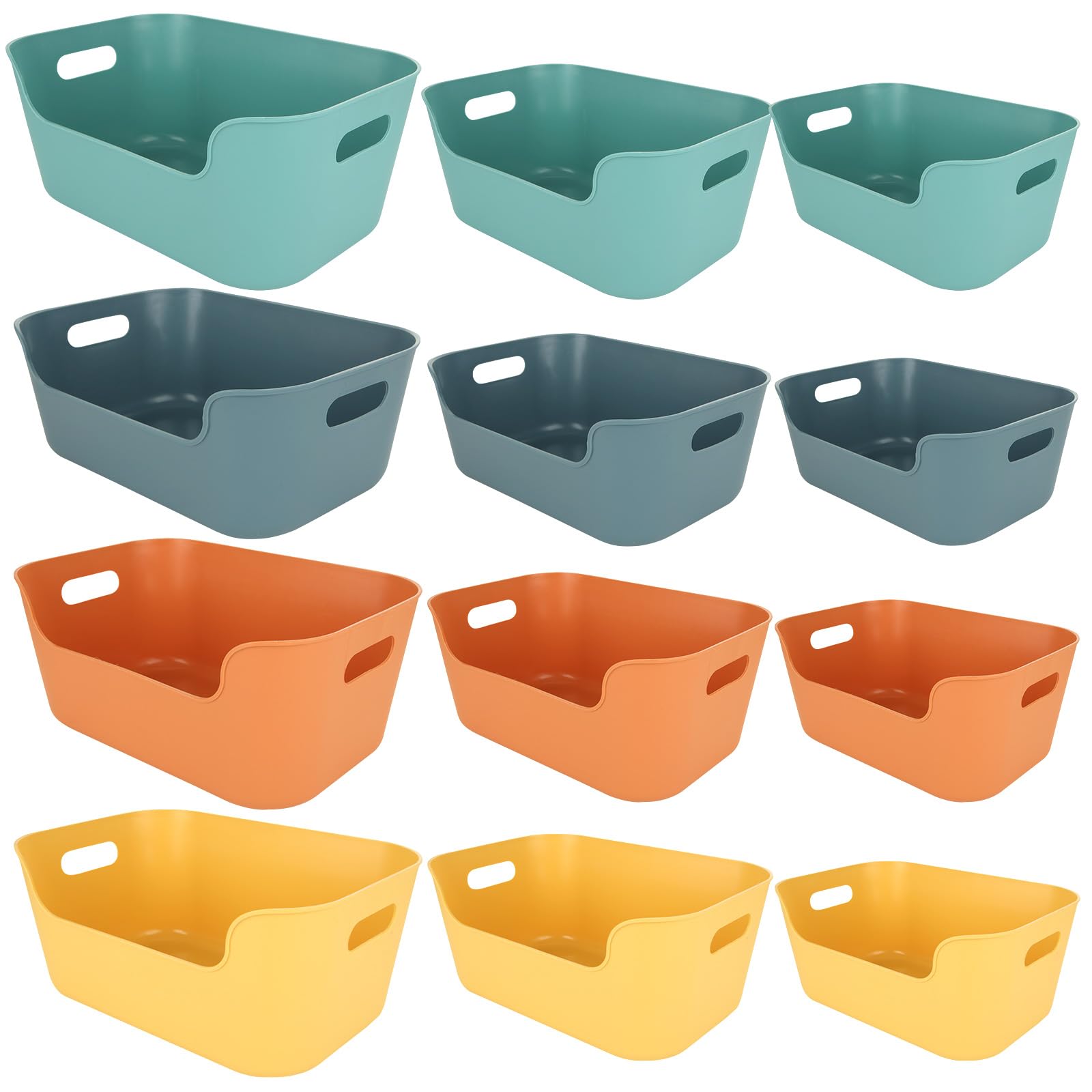 ZOFUN 12 Pcs Cupboard Storage Boxes, Large/Middle/Small Pantry Kitchen Storage Baskets, Green/Blue/Orange/Yellow Plastic Storage Baskets, Small Plastic Storage Boxes for Home Office Storage