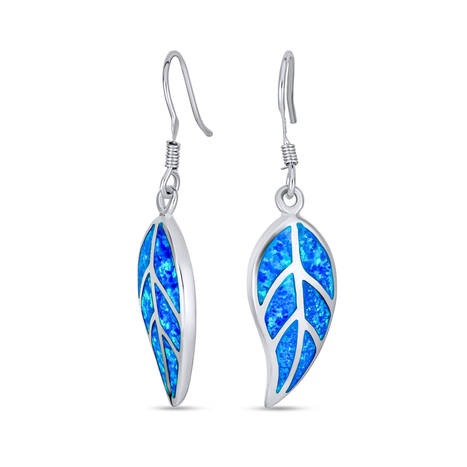 Native American Inspired Blue Created Opal Inlay Lever back Nature Leaf Dangle Drop Earrings Western Jewelry For Women .925 Sterling Silver — image 1