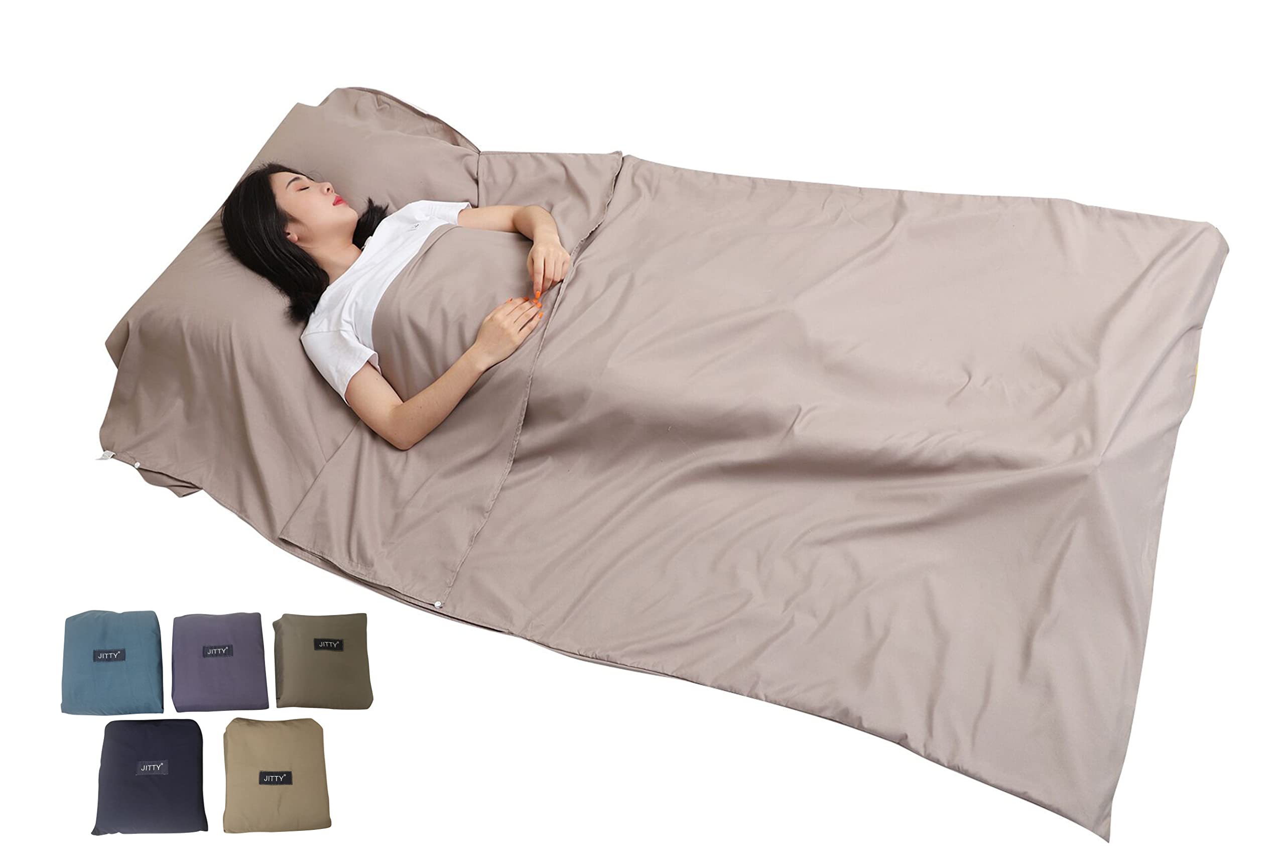 JITTY Sleeping Bag Liner 210x115cm Portable Lightweight Travel Sheet With Pillow Slot for Hotel Hostels Business Camping Backpacking Hiking Home(Khaki)