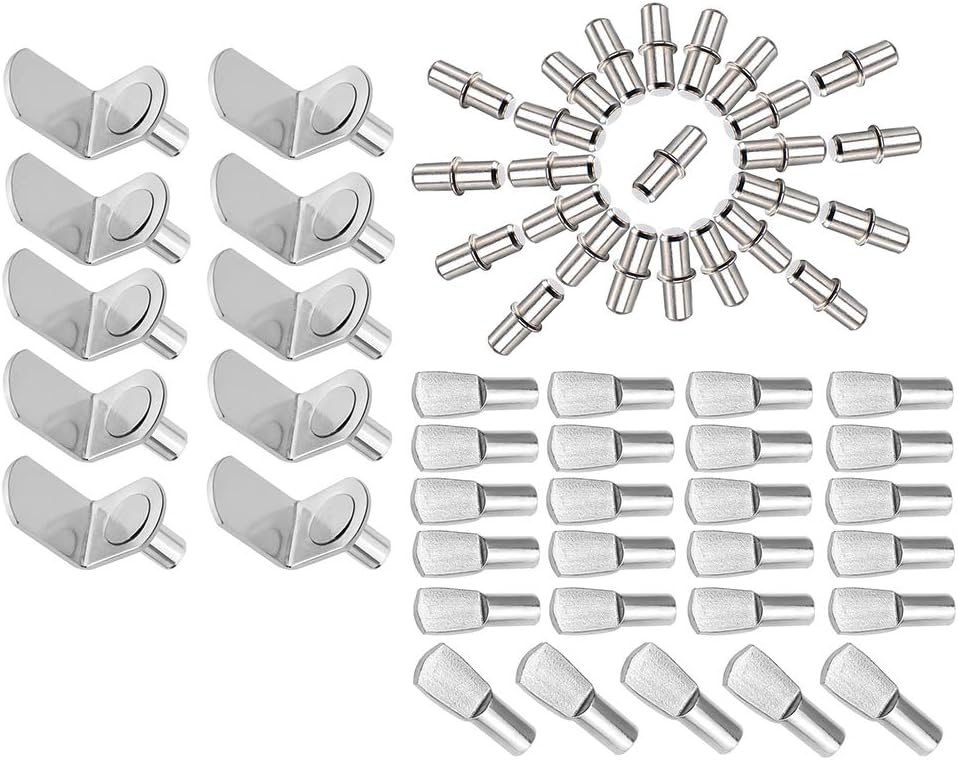 MZMing [60 pcs] 3 Styles of Metal Shelf Support Stud Pegs Including L-Shape Bracket Supports/Flat Spoon Style Shelf Pegs/Cylindrical Shape Shelf Pins for Kitchen Cabinet/Bookcases etc.