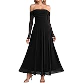 EYNMIN Women's Off Shoulder Long Sleeve Formal Wedding Guest Maxi Dresses | 2026 Fall Winter, Elegant Modest Long Dress, Flowy A Line, Mesh, Ruched, Semi Formal, Cocktail, Party, Prom, Holiday