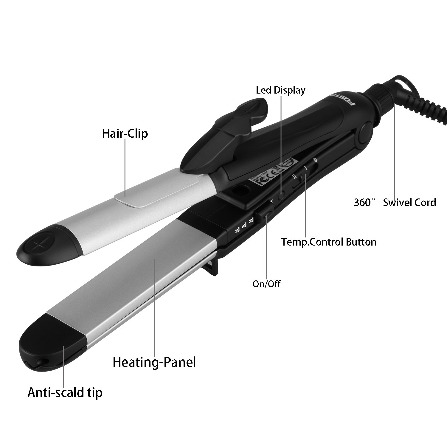 FOSTO Hair Straightener and Curler, 3 in1 Ceramic Hair Curling Iron & Hair Straighteners & Hair Crimper Dual Voltage Flat Iron Instant Heat Curling Iron Wand 1.25inch Hair Styling salon Power Cord
