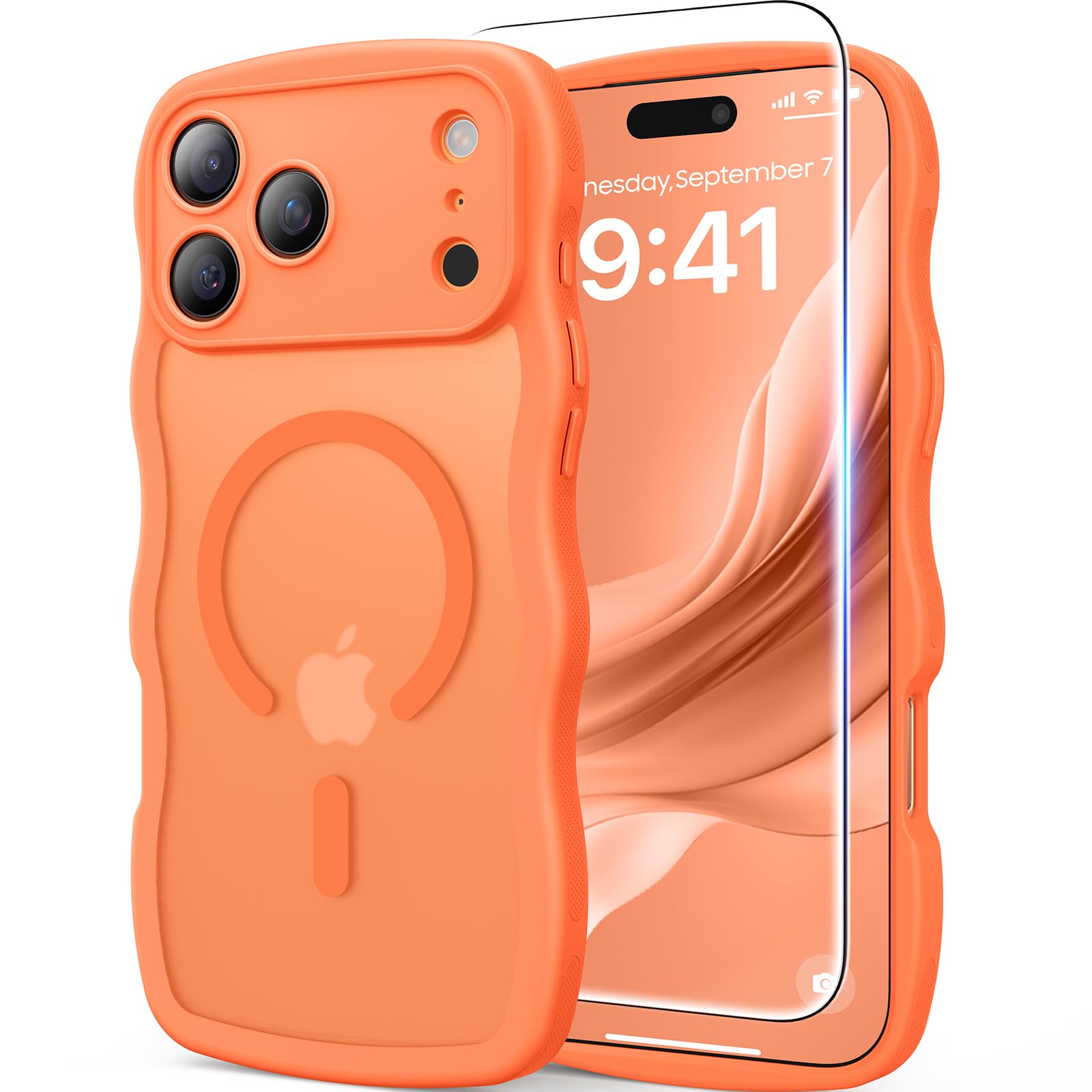 Photo 1 of 3 in 1 Magnetic for iPhone 17 Pro Max Case, Cute Wavy [Full Camera Protection][Fit for MagSafe] 1X Screen Protector+1X Wrist Strap, Anti-Slip Trendy Women Girly Case for iPhone 17 Pro Max 6.9", Orange