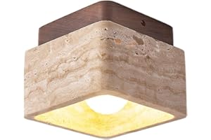 4.7″ Modern Square Yellow Travertine Semi Flush Mount Ceiling Lamps Farmhouse Style Solid Wood Ceiling Light Fixture E27 Mini