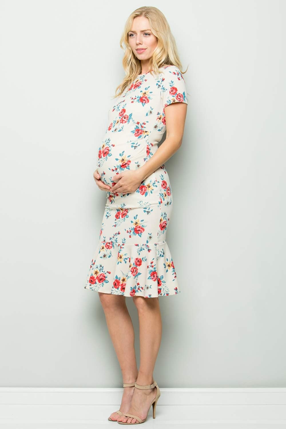 My Bump Maternity Midi Dress - Fitted Stretch Short Sleeves Mermaid Flare Ruffle at  Women’s Clothing store