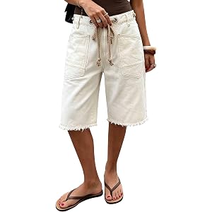 Flamingals Straight Leg Mid Rise Bermuda Raw Hem Eyelet Shorts for Women | Drawstring Summer Casual Shorts with Patch Pockets