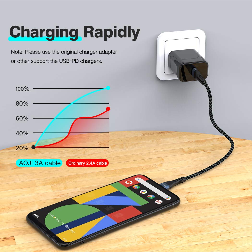 Short USB C to USB C Cable [2 Pack 1ft], AOJI USB-C to USB-C Fast Charger Nylon Braided Charging Cord Compatible with Samsung Galaxy Note 10 Plus A80, Google Pixel 2/3/3a XL, MacBook,iPad pro