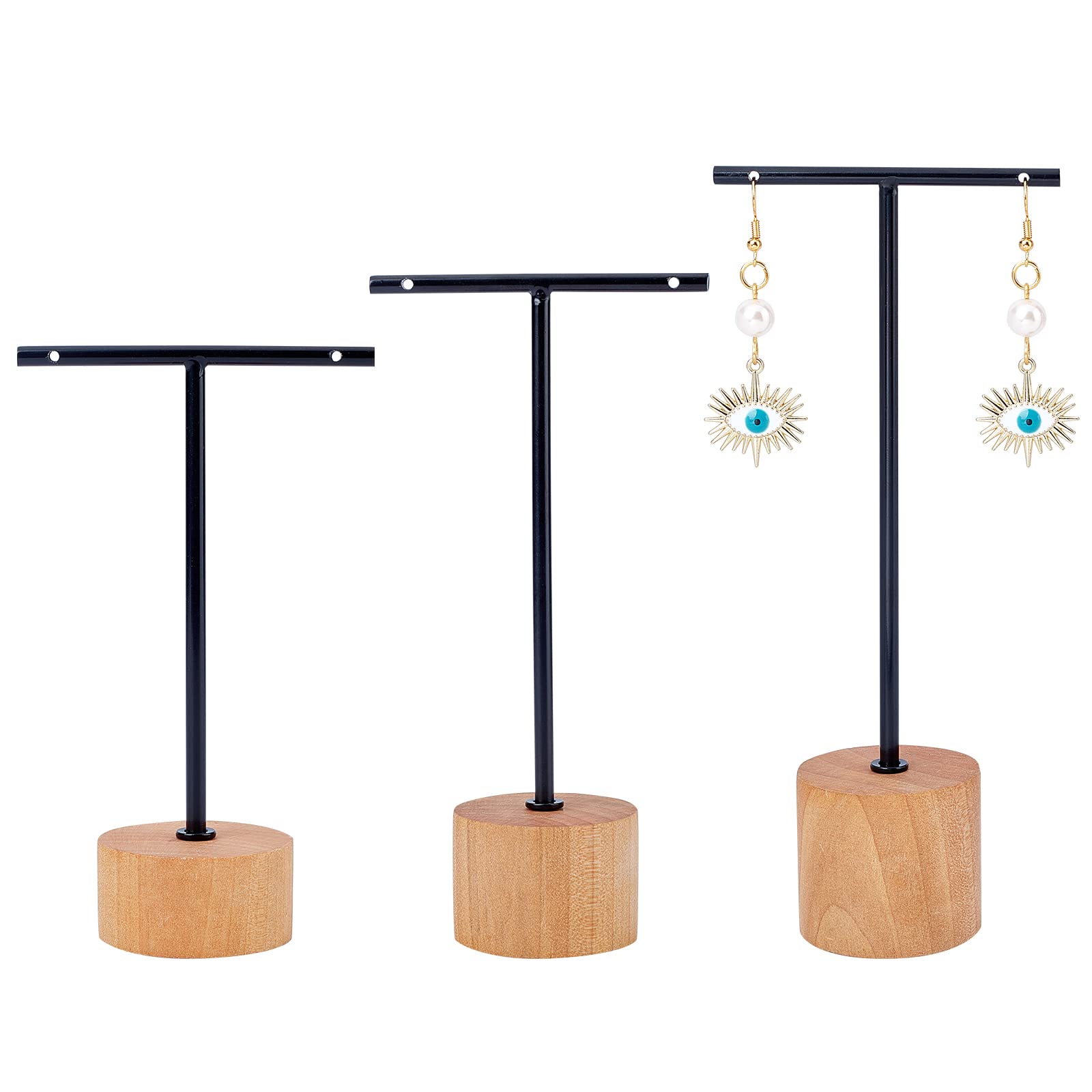 FINGERINSPIRE Black Metal 3 Pcs T Bar Earring Display Stand with Wooden Base Jewelry Holders Hanging Jewelry Organizer for Store Retail Photography Props【Black- Round Base, 14.5&12.5&10cm Height】
