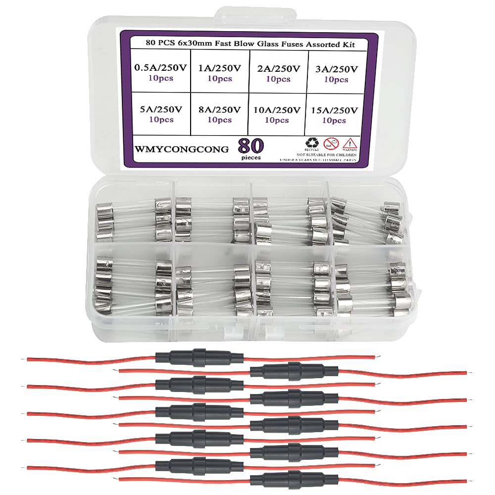 WMYCONGCONG 80 PCS Fast Blow Glass Fuses Assortment Kit 250 V 0.5A 1A 2A 3A 5A 8A 10A 15A, 10 PCS 6x30mm Inline Screw Type and Panel Mounted Screw Cap Fuse Holder