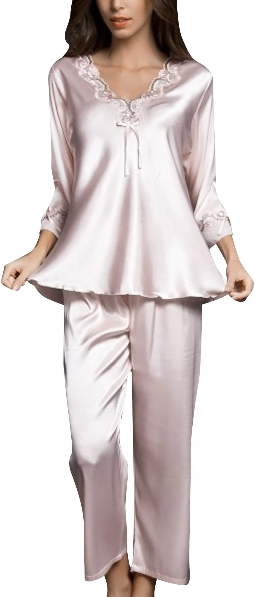 FEOYA Women Pyjamas Satin Nightwear Set Long Sleeve and Pants Sleepwear