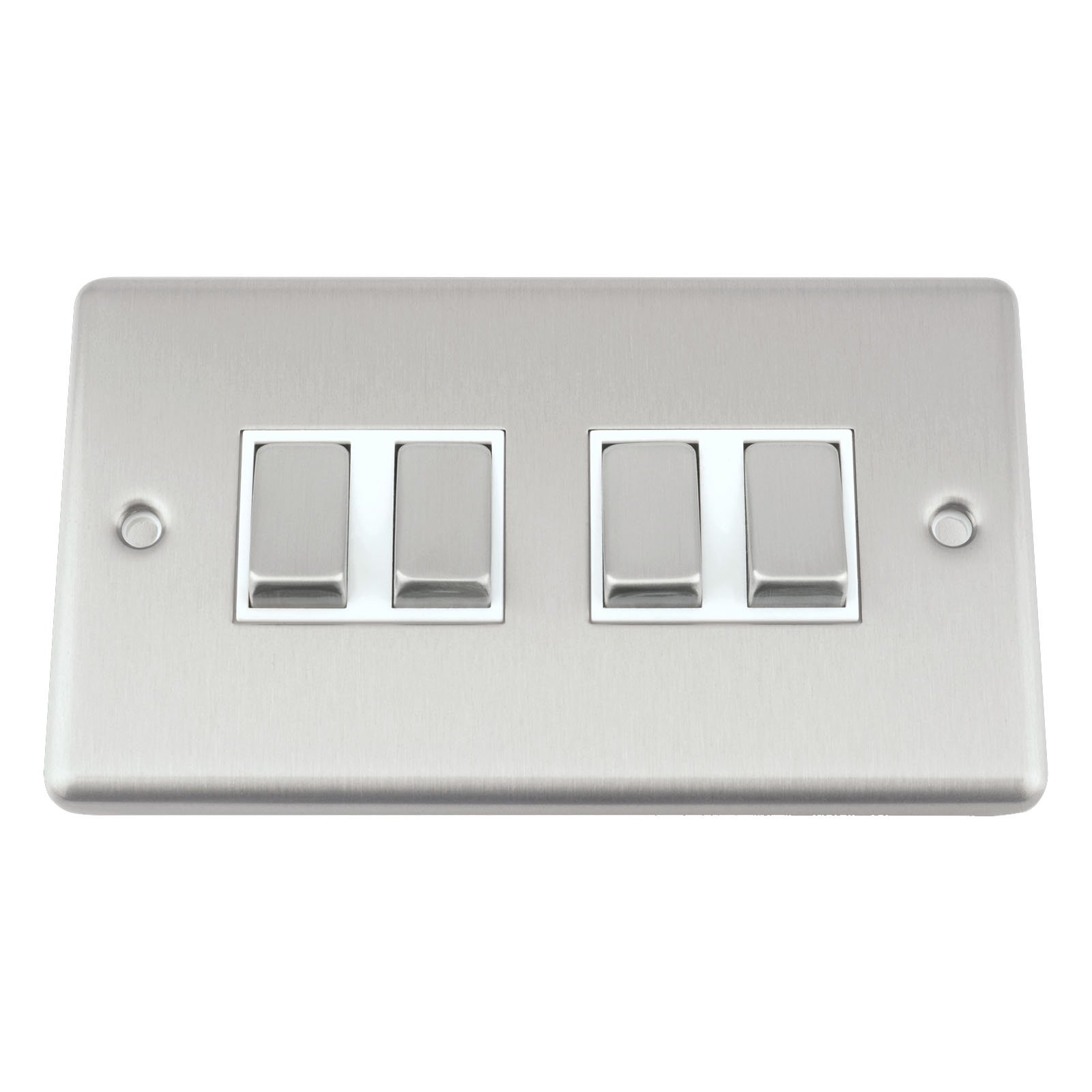 A5 Light Switch - Quad 4 Gang 2 Way - Satin Brushed Chrome - Classic Style White Insert Metal Rocker Switch