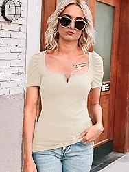 Valphsio Womens Puff Short Sleeve Top Ribbed Knit