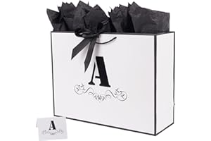 ysmile Letter Gift Bag with Wrapping Tissue for Men Women Boy Girl, 16" Large White Black Paper Bag for Birthday Anniversary - Single A