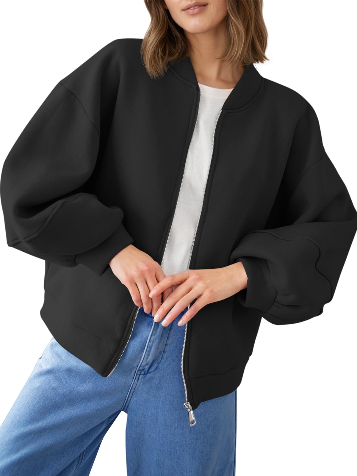 Photo 1 of ***FACTORY SEALED, OPENED FOR INSPECTON*** Fisoew Womens Full Zip Up Sweatshirt Jackets Casual Fleece Long Sleeve Loose Warm Bomber Jacket Coats Fall Outfits Black LARGE