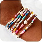Bohxantium Gold Beaded Bracelets for Women Stack - Boho 14K Gold Plated Stretch Stackable Bracelets Set Pearl Colorful Seed Beads Trendy Dainty Jewelry Summer Beach Jewelry Gift