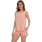 WiWi Pajama Set for Women Bamboo Viscose Sleeveless Tops with Shorts Pjs Sets Soft Summer Sleepwear Pj S-XXL