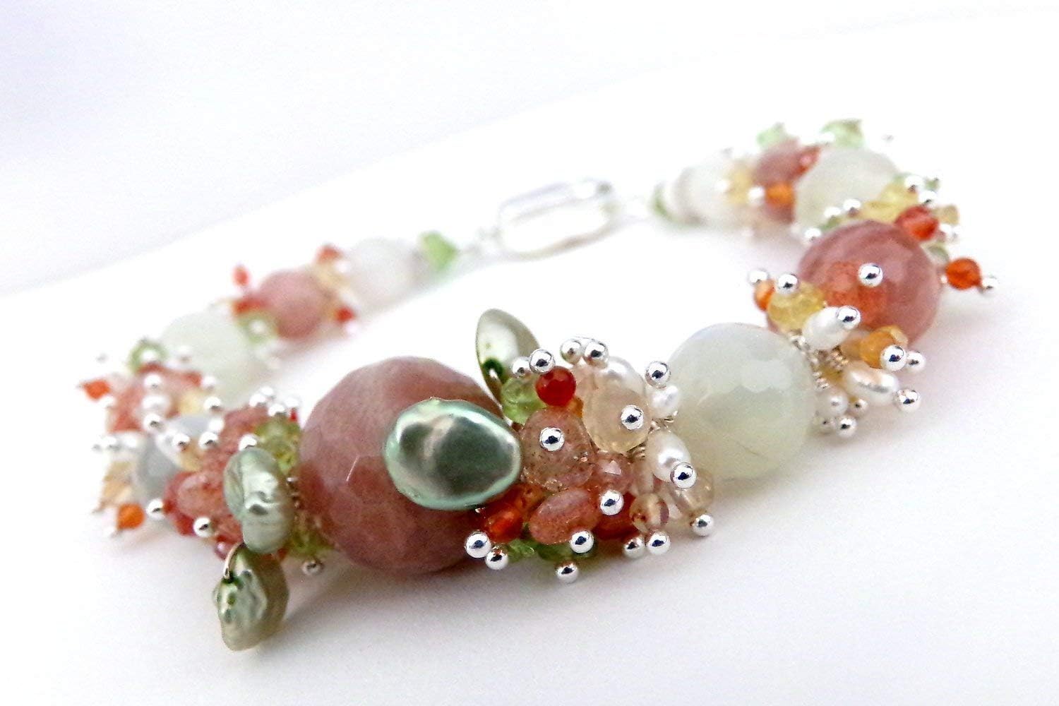 Moonstone Bracelet, Peach White Moonstone Sterling Silver Bracelet, Gemstone Cluster Bracelet, June Birthstone - Sugar and Spice