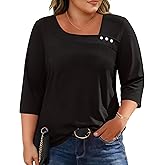 LOMON Womens Plus Size Tops 3/4 Length Sleeve T Shirts Asymmetrical Neck Blouses for Women Fashion 2026