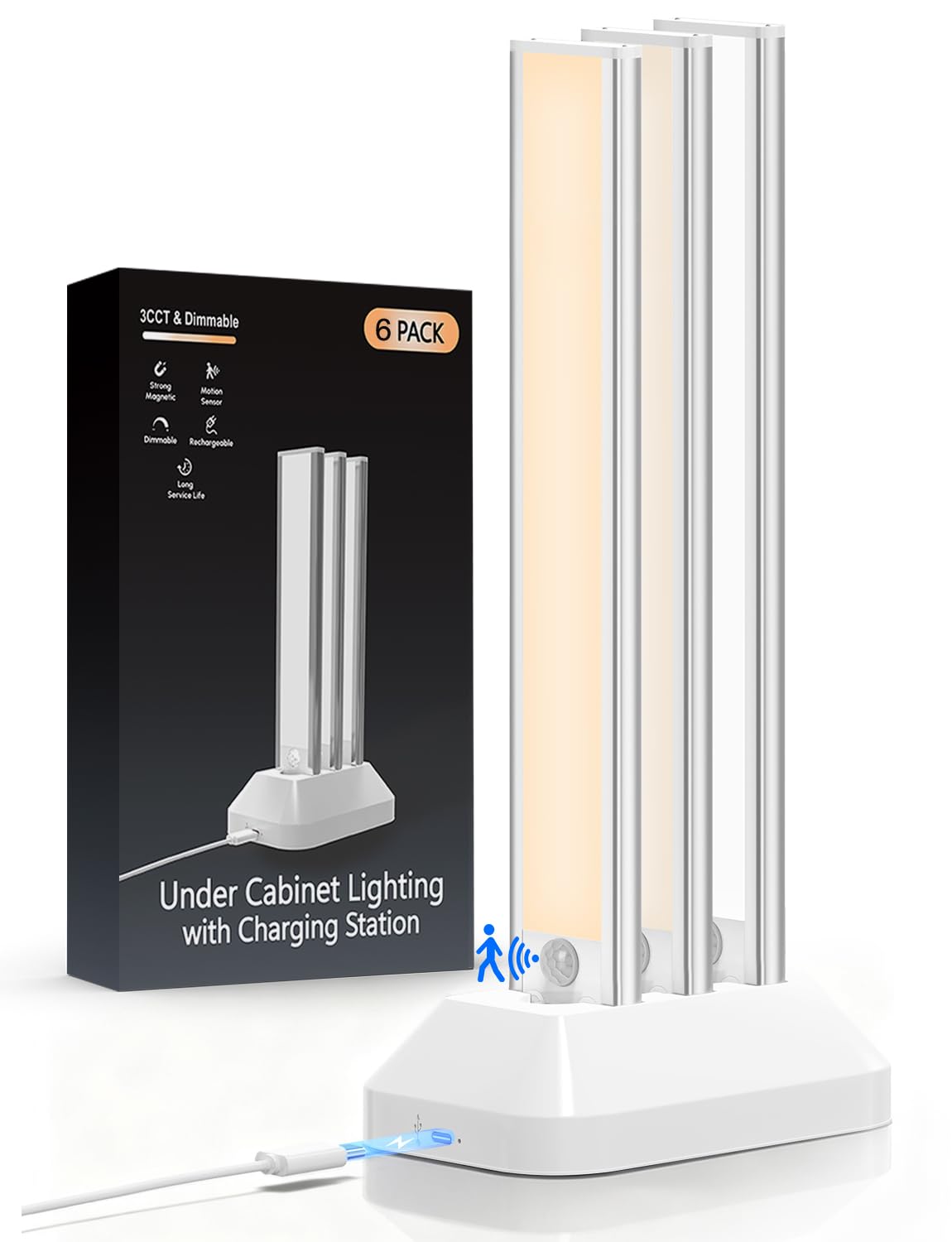 Photo 1 of 12in Under Cabinet Lighting with Charging Station, 2500mAh Rechargeable Wireless Motion Sensor Lights Indoor,Closet Lights with 3 Color Tempers, Battery Operated Cabinet Lights for Kitchen, 6-Pack