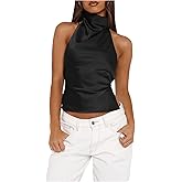 SOLY HUX Women's Satin Halter Backless Crop Top Sexy Sleeveless Tank Shirts Festival Party Clubwear