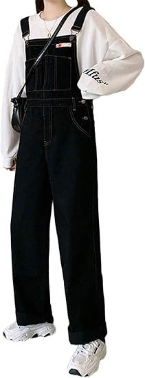 Amazon ｄｍｂｉｎｓｈｕｎ サロペット レディース オーバーオール デニム ゆったり ワイドパンツ デニムパンツ 黒 オールインワン ジーンズ ストレート ロングパンツ 体型カバー 着痩せ ジーンズ 通販