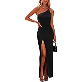 PRETTYGARDEN Women's Summer Formal Wedding Guest Dresses One Shoulder Spaghetti Strap High Slit Maxi Bodycon Dress