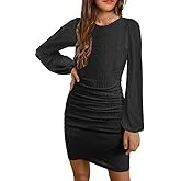 MITILLY Girls Fall Dress Long Sleeve Formal Short Dress with Slit Ruched Bodycon Party Prom Dance Graduation Fancy 8-14 Years