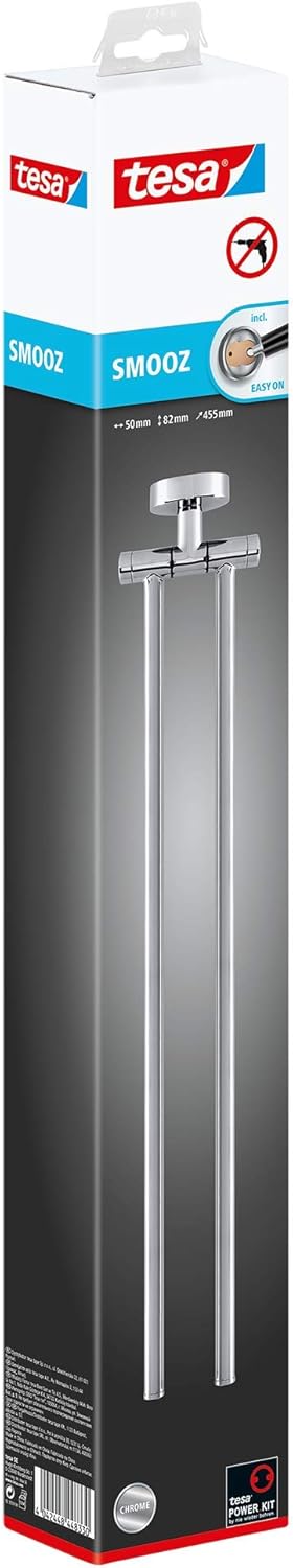 tesa® Smooz Two-Armed Towel Holder, high Gloss Chromed Metal, self-Adhesive, Adhesive mounting Technology, 82mm x 50mm x 455mm - Image 5