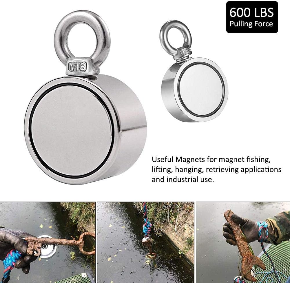 Double Side Combined 600LB Pulling Force Round Magnet, Silver Strong Fishing Magnet With Eyebolt For Magnet Fishing And Salvage In River - 60mm Diameter