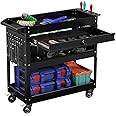 SGmory 3-Tier Heavy Duty Utility Cart on Wheels, Rolling Tool Cart on Wheels with a Drawer, 350 Lbs Load Capacity Service Cart for Warehous, Garage and Repair Shop (Black)