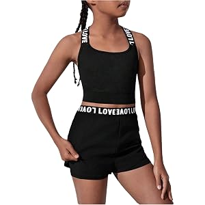 OYOANGLE Girl's Workout Sets 2 Piece Letter Tape Crop Tank Top and Shorts Gym Yoga Athletic Outfits