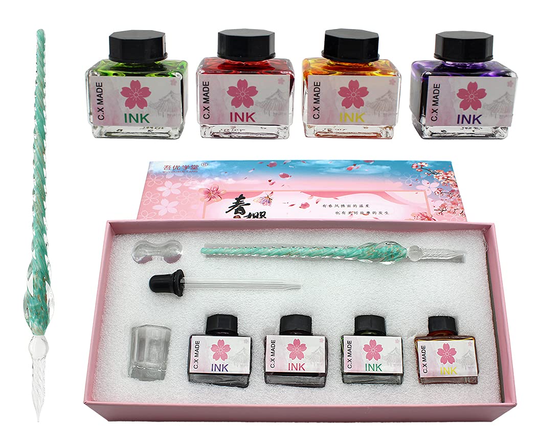 XIAOYU Glass Dip Pen Ink Set, Calligraphy Dip Pens, Crystal Calligraphy Pen and Ink Set with 4 Bottle Inks, Calligraphy Kits for Art, Writing, Signatures, Decoration, Green