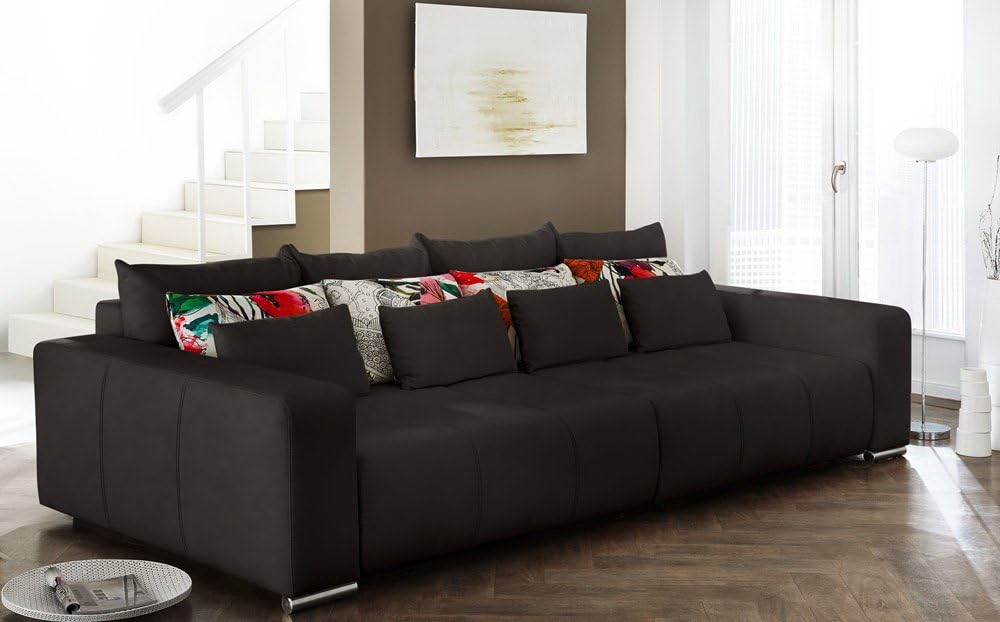 Big Sofa in schwarz mit geteilter Sitz/Liegefläche, Schlaffunktion, 4 große, 4 mittlere und 4