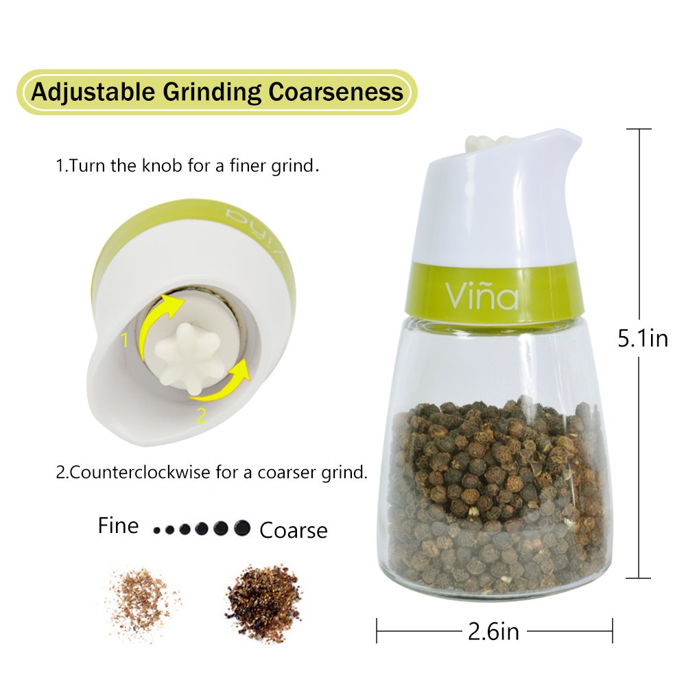 Vina Salt and Pepper Grinder Set with Matching Stand, Manual Salt and Pepper Shaker Mill , Adjustable Ceramic Grinding Mechanism - Free Garlic Roller As a Gift