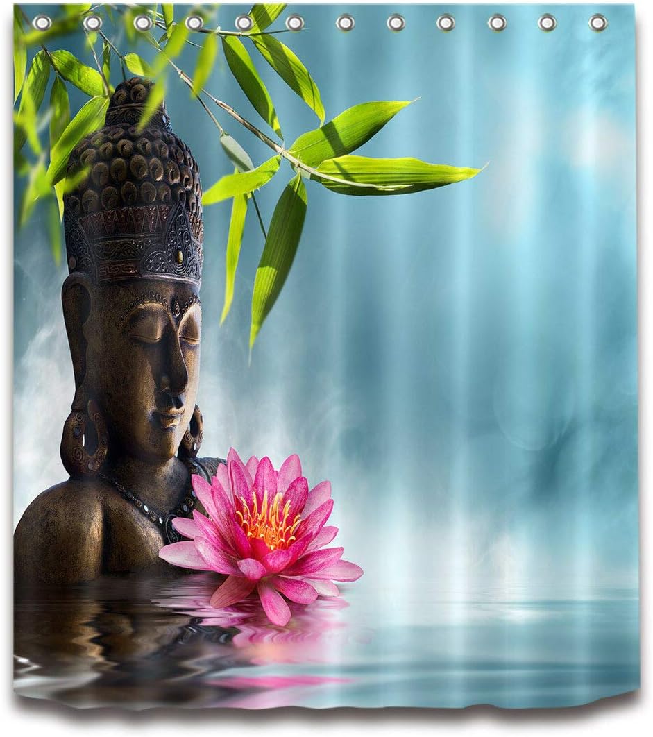 JHTRSJYTJ Bamboo Leaves, Bronze Statues In The Water Pink Flowers Shower s Polyester Fabric Waterproof shower curtain polyester material can be machine washable bathroom essential