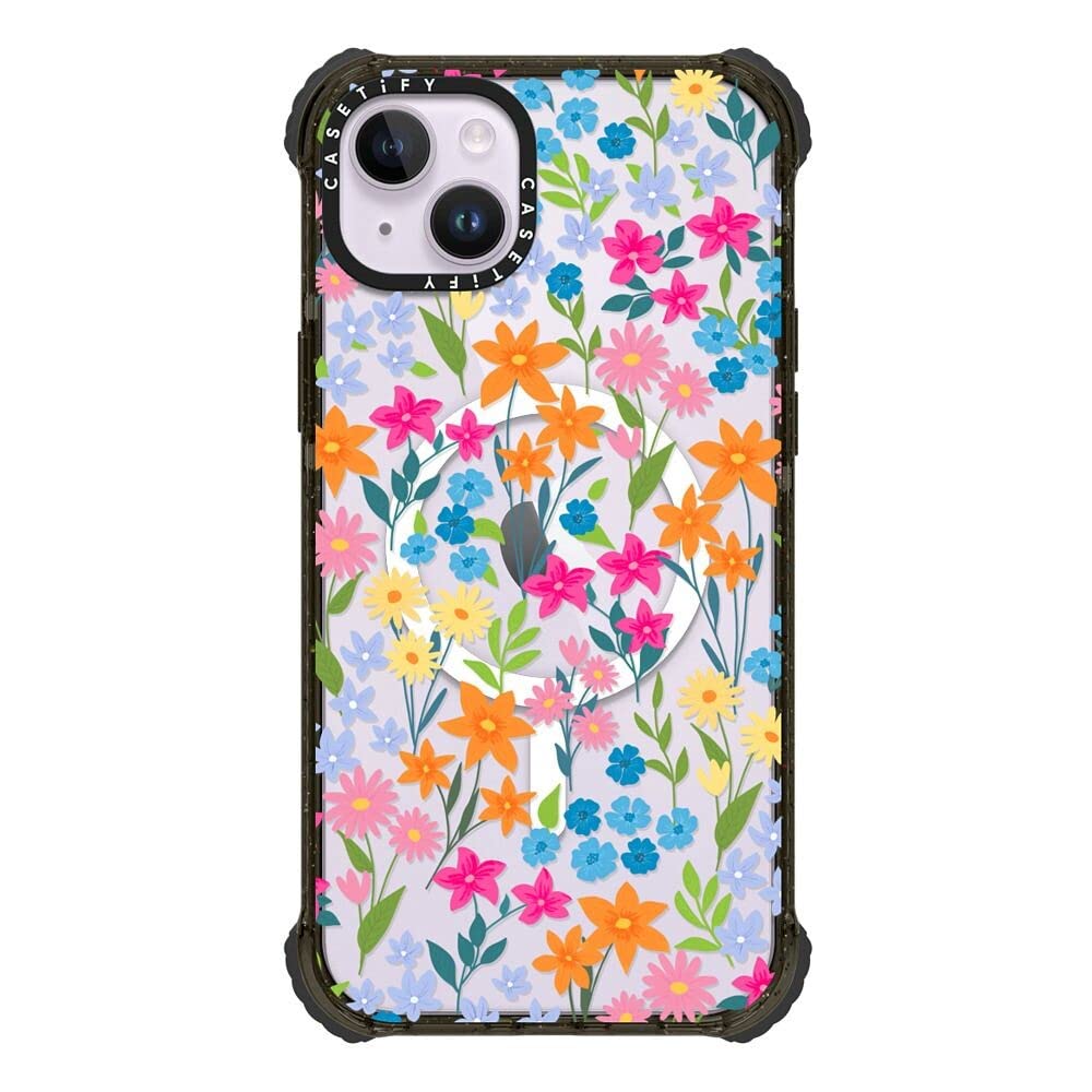 CASETiFY Ultra Impact iPhone 14 Plus Case [Strong Slim / 11.5ft 5X Militray Grade Drop Protection/Compatible with Magsafe] - Bright Spring Flowers - Clear Black
