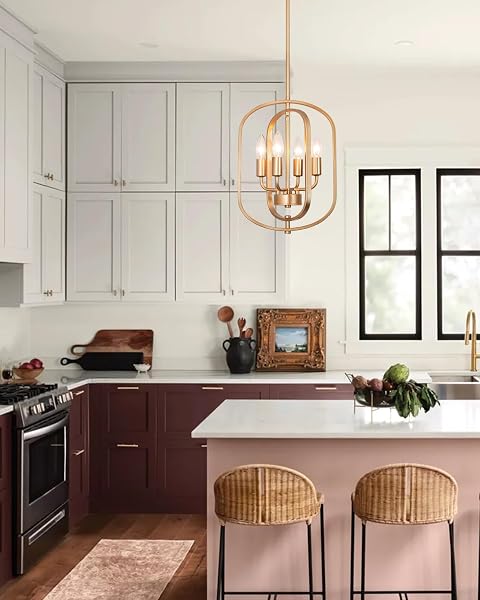 JHLBYL GOLD CHANDELIER LIGHT FIXTURE, 4-LIGHT MODERN FARMHOUSE CHANDELIERS FOR DINING ROOM LIGHTING FIXTURE INDUSTRIAL CEILING PENDANT FOR KITCHEN ISLAND LIVING ROOM BEDROOM ENTRYWAY