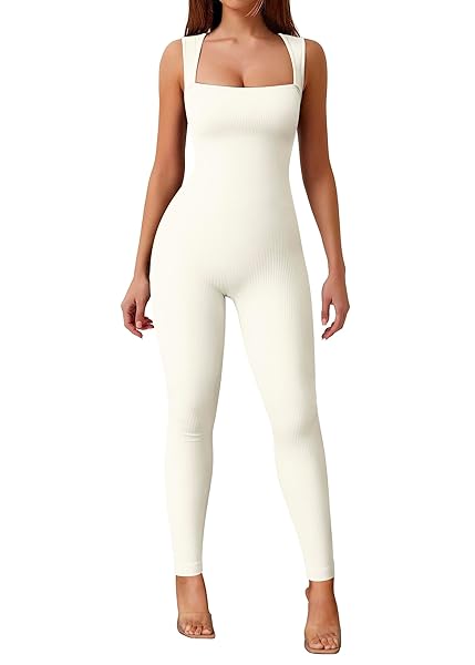 OQQ WOMEN YOGA JUMPSUITS WORKOUT RIBBED SQUARE NECK SLEEVELESS TANK TOPS EXERCISE JUMPSUITS BEIGE