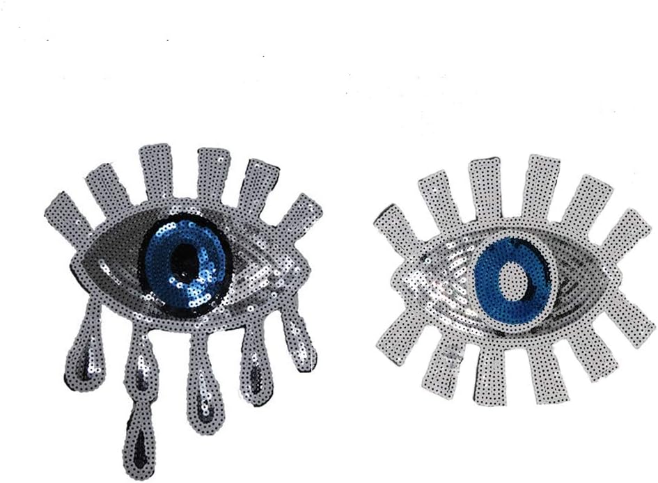 2Pcs Large Sequin Eye Patch Iron on or Sew on Patches Embroidered Badge Motif Applique Compatible Clothing Jeans T-Shirt (Silver)